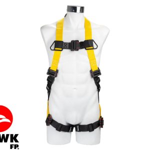 ARNES DIELECTRICO - Maniquí color blanco con cordones amarillos y negros ajustados sobre hombros, pecho y muslos, con logotipo de marca hawk.