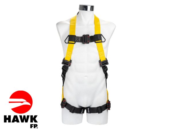 ARNES DIELECTRICO - Maniquí color blanco con cordones amarillos y negros ajustados sobre hombros, pecho y muslos, con logotipo de marca hawk.